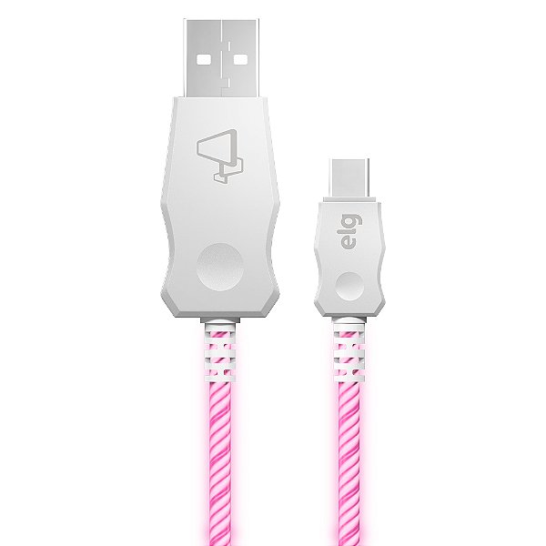 Cabo USB Tipo-C com LED Rosa, Sincronização e Recarga Rápida 15W 3A, 1 metro, LEDC10PK, ELG