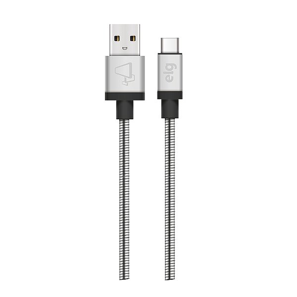 Cabo USB Tipo-C, Sincronização e Recarga 15W 3A, Aço Inox Ultra Resistente, 1 metro, Prata, INXC10SL, ELG