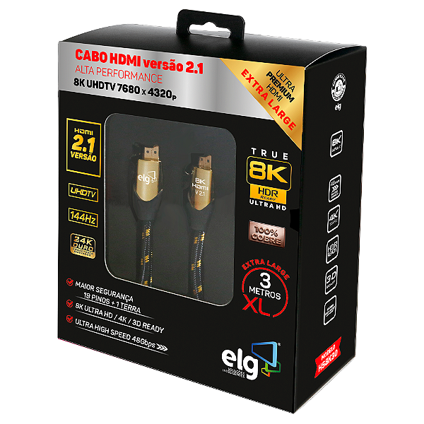 Cabo HDMI Premium 2.1V, 8K 144Hz Ultra HD, 3D Ready, Conectores Ouro 24K, 3m, Preto, HS8K30, ELG