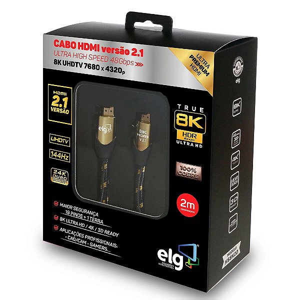 Cabo HDMI Premium 2.1, Reforçado, 8K Ultra High Speed, 144Hz/180Hz, 2 metros, Preto, HS8K20, ELG