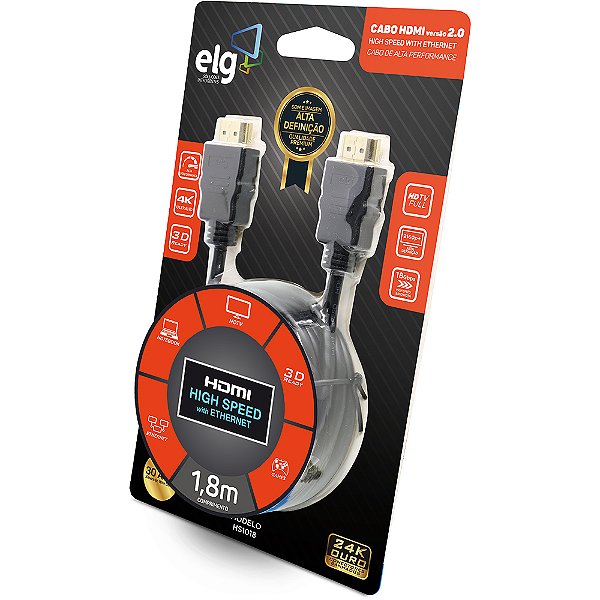 Cabo HDMI 2.0, 4K UHD 18Gbps, com Ethernet, Conectores Banhados a Ouro 24K, 1,8 metros, Preto, HS1018, ELG