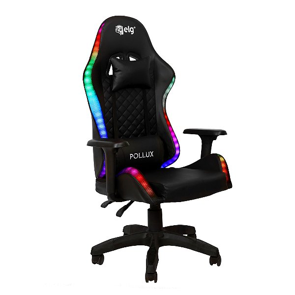 Cadeira Gamer Ergonômica Pollux, Braço 3D, Inclinação 135º, Suporta 150kg, LED RGB, CH08BKRGB, ELG
