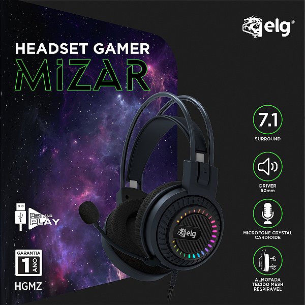 Headset Gamer Mizar, 3D Surround 7.1, RGB, Microfone Omnidirecional, Cabo Nylon USB, Preto, HGMZ, ELG