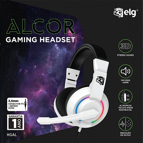 Headset Gamer Alcor, Multiplataforma, Áudio 3D, P3 3,5mm com USB, Microfone Omnidirecional, LED RGB, Branco, HGAL, ELG
