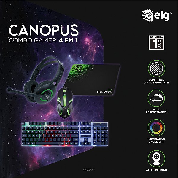 Combo Gamer Canopus 4 em 1, Teclado Membrana ABNT2 com Iluminação, Mouse RGB, Headset 40W, Mousepad, CGCS41, ELG