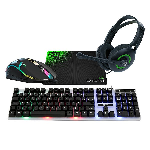 Combo Gamer Canopus 4 em 1, Teclado Membrana ABNT2 com Iluminação, Mouse RGB, Headset 40W, Mousepad, CGCS41, ELG