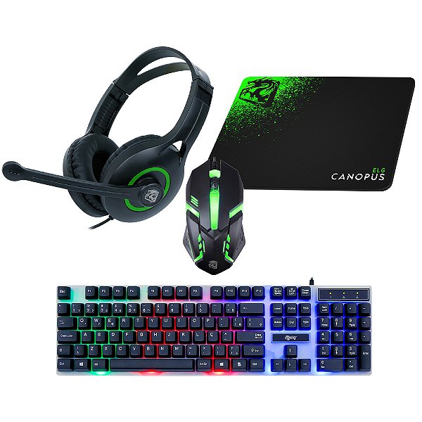 Combo Gamer Canopus 4 em 1, Teclado Membrana ABNT2 com Iluminação, Mouse RGB, Headset 40W, Mousepad, CGCS41, ELG