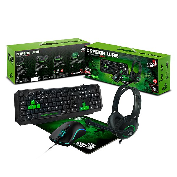 Combo Gamer Dragon War 4 em 1, Headset 40W, Mouse 2400DPI, Teclado ABNT2, Mousepad Sense Control, Verde, CGDW41G, ELG