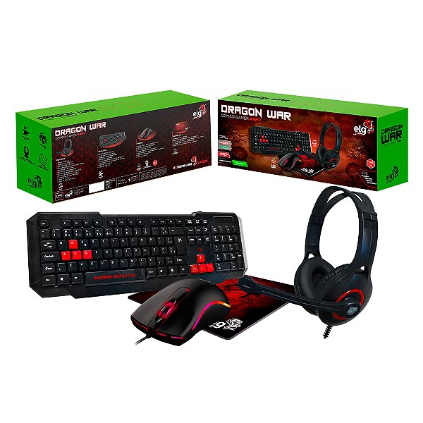 Combo Gamer Dragon War 4 em 1, Headset 40W, Mouse 2400DPI, Teclado ABNT2, Mousepad Sense Control, Vermelho, CGDW41R, ELG