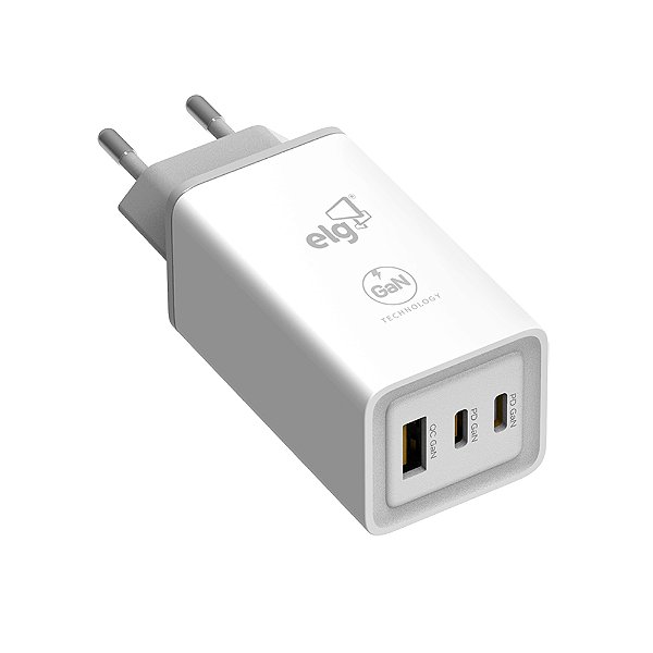 Carregador de Parede USB GaN, 3 Portas, 2 Tipo-C Power Delivery + USB-A Quick Charge 3.0, 65W, Branco, W65GAN, ELG