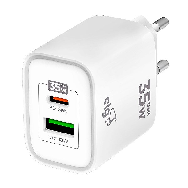 Carregador de Parede USB GaN, 2 Portas, Tipo-C Power Delivery + USB-A Quick Charge 3.0, 30W, Branco, W35GAN, ELG