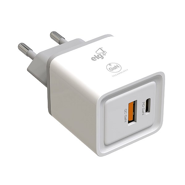 Carregador de Parede USB GaN, 2 Portas, Tipo-C Power Delivery + USB-A Quick Charge 3.0, 30W, Branco, W35GAN, ELG