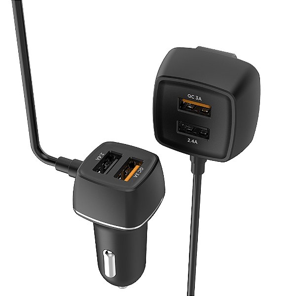 Carregador Veicular com Extensor, 4 Portas USB-A, Quick Charge 3.0 + 2.4A, 60W, Cabo 1.5m, Preto, CC4SQC, ELG