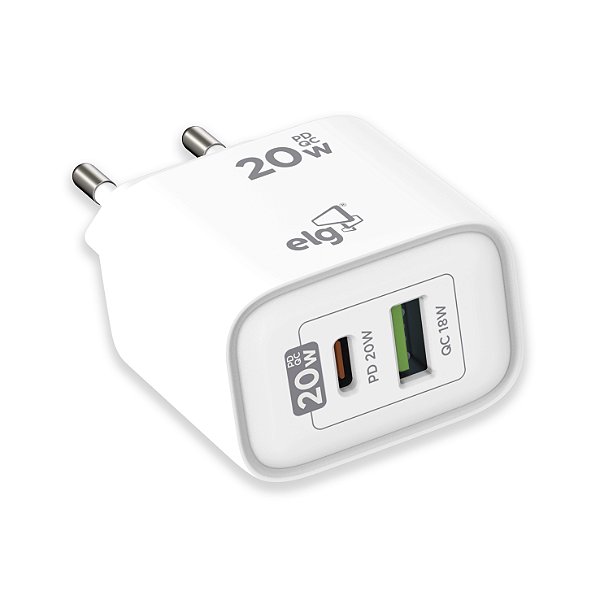 Carregador de Parede Universal, USB-C PD 3.0A + USB-A QC 3.0 18W, Carga Rápida, Branco, WC2S-PDQC, ELG