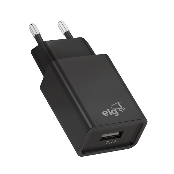 Carregador de Parede USB Universal, 1 Porta USB 2.1A 10.5W, Carga Rápida, Proteção Inteligente, Preto, WC1APT, ELG