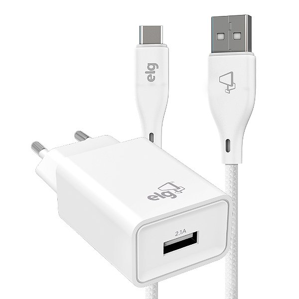 Kit Carregador de Parede Universal, com Cabo USB Tipo-C de 1 Metro, Carga Rápida 2.4A, Branco, KTC10WC, ELG