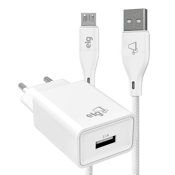 Kit Carregador de Parede Universal, com Cabo Micro USB de 1 Metro, Carga Rápida 2.4A 12W, Branco, KT510WC, ELG