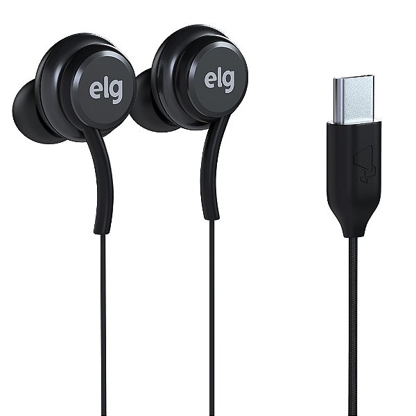 Fone de Ouvido Intra-Auricular, Entrada Tipo-C, Microfone, Cabo Trançado 1,2m, Preto, EPTCBK, ELG