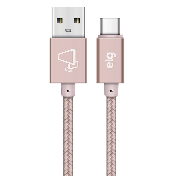 Cabo USB Tipo-C, Carga Rápida 15W 3A, Nylon Trançado Flat, Ultra Flexível, 1 metro, Rose Gold, TC10BRG, ELG