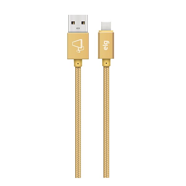 Cabo USB Tipo-C, Carga Rápida 15W 3A, Nylon Trançado Flat Braided, 2 metros, Gold, TC20BG, ELG