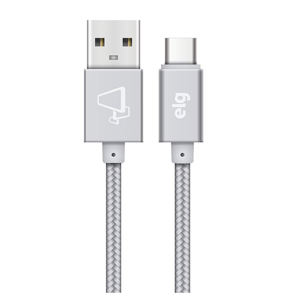 Cabo USB Tipo-C, Carga Rápida 15W 3A, Nylon Trançado Flat, Ultra Flexível, 1 metro, Silver, TC10BS, ELG