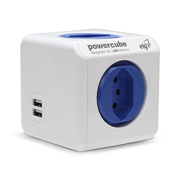 Filtro de Linha PowerCube, 4 Tomadas 10A + 2 USB 2.4A, Sem Cabo, Bivolt, Branco/Azul, PWC-R4U, ELG