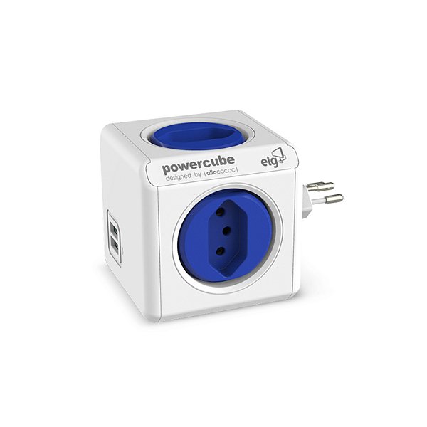 Filtro de Linha PowerCube, 4 Tomadas 10A + 2 USB 2.4A, Sem Cabo, Bivolt, Branco/Azul, PWC-R4U, ELG