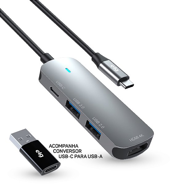 Adaptador Hub USB-C 3.0, Expansão com 4 Portas (inclui HDMI 4K), Transferência 5Gbps ELG, HUB41HD-V2 - Cinza