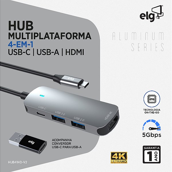 Adaptador Hub USB-C 3.0, Expansão com 4 Portas (inclui HDMI 4K), Transferência 5Gbps ELG, HUB41HD-V2 - Cinza