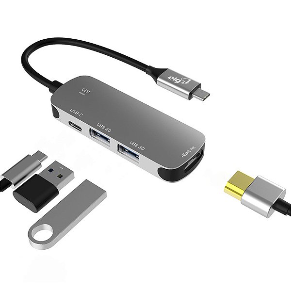 Adaptador Hub USB-C 3.0, Expansão com 4 Portas (inclui HDMI 4K), Transferência 5Gbps, HUB41HD-V2, ELG