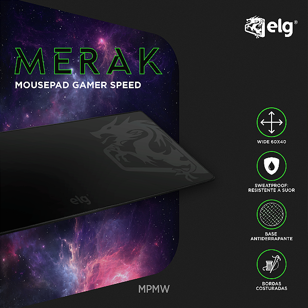 Mousepad Gamer Merak Speed, Tamanho Wide 60x40cm, Borda Costurada, Base Antiderrapante, Preto, MPMW, ELG