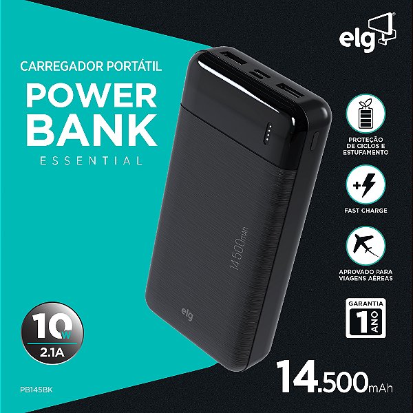 Power Bank Carregador Portátil, LED Indicador, 14500mAh 10.5W, Turbo, Preto, PB145BK, ELG