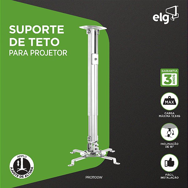 Suporte de Teto para Projetor com Ajuste de Altura 54,5 a 90cm ELG PRO1100W, Até 13,5kg, Giro 360° e Inclinação ±15°, Branco