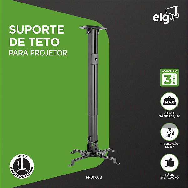 Suporte de Teto Ajustável para Projetor ELG PRO1100B, Altura 54,5–90cm, Até 13,5kg, Giro 360°, Inclinação ±15°, Preto