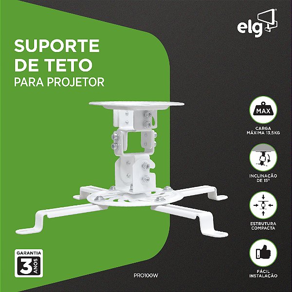 Suporte de Teto para Projetor Universal ELG PRO100W Até 13,5kg, Giro 360°, Inclinação ±15°, Compatível com Teto Inclinado, Branco