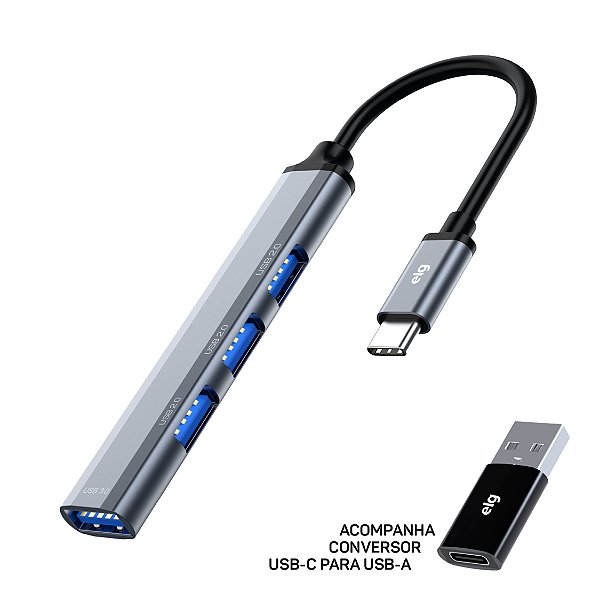 Adaptador Hub USB-C 3.0 4 em 1, 1x USB 3.0, 3x USB 2.0, Transferência 5Gbps, Corpo em Alumínio ELG, HUB41A-V2 - Cinza