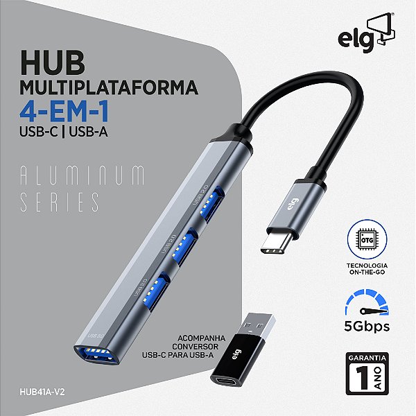 Adaptador Hub USB-C 3.0 4 em 1, 1x USB 3.0, 3x USB 2.0, Transferência 5Gbps, Corpo em Alumínio ELG, HUB41A-V2 - Cinza