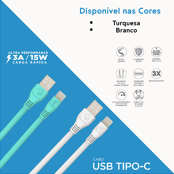 Cabo USB Tipo-C, Carga Rápida 15W 3A, Cabo Flat Antienrolamento, 1 metro,