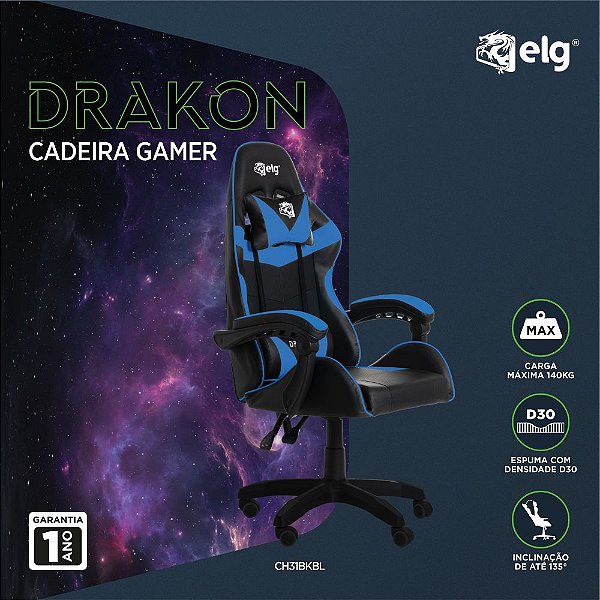 Cadeira Gamer Ergonômica Drakon, Inclinação 135º, Suporta 140kg, Espuma D40
