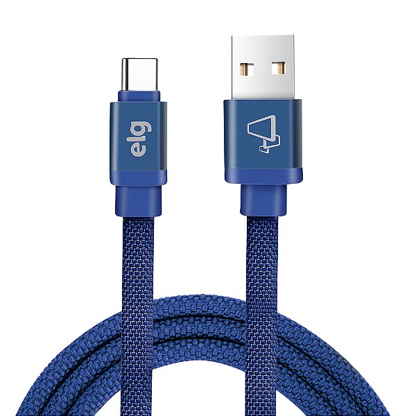 Cabo USB Tipo-C, Carga Rápida 15W 3A, Tecido Reforçado, 1 metro, Azul, CNVC10BE, ELG