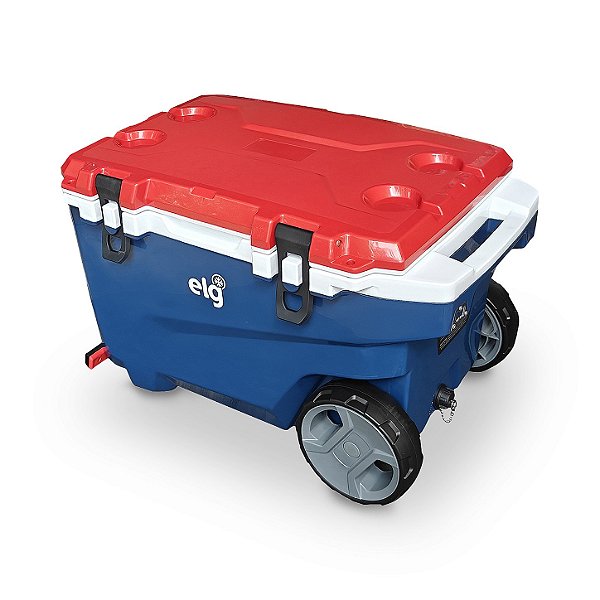 Caixa Térmica Rotomoldada Premium 55L com Rodas ELG HCL55, 80 Latas, Alta Retenção Térmica com Gelo por até 4 Dias, Azul, Vermelha e Branca