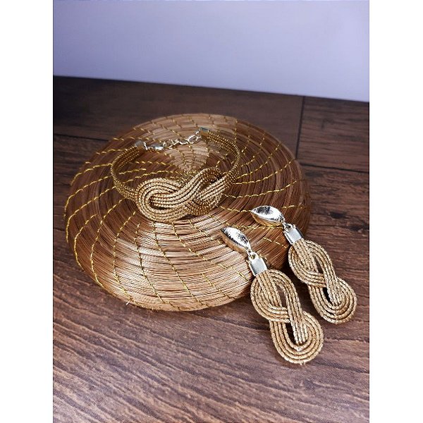 Conjunto Infinito Brinco E Pulseira Capim Dourado Biojóias