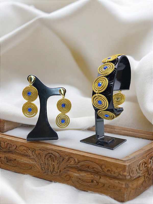 Conjunto Briinco + Pulseira Com Strass De Capim Dourado Biojóia Artesanal