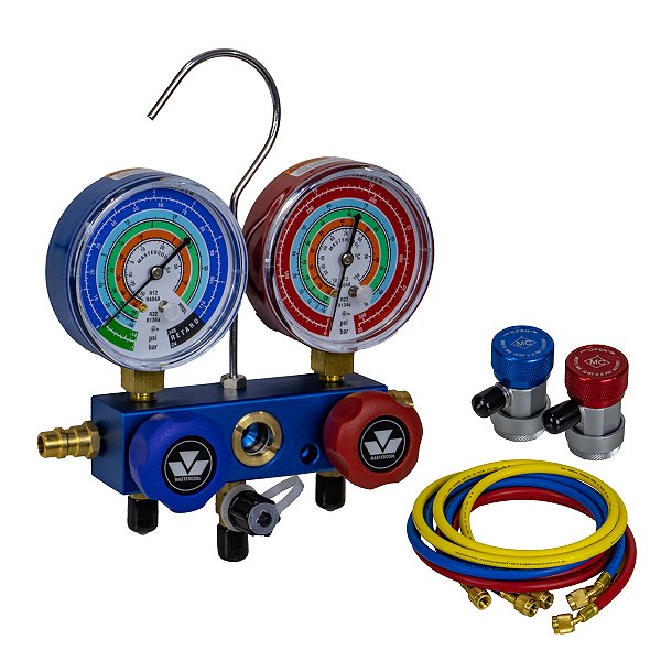 Manometrô Analógico Corpo de Alumínio 2 Vias R134a R22 R12 R404a + Mangueira 1,80m + Engates Alta e Baixa - Mastercool 89772-MRB
