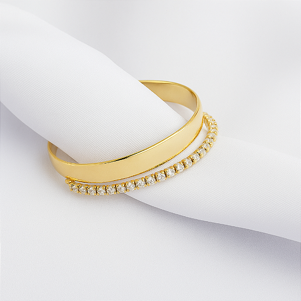 BRACELETE LISO RASGADO MEIO COM ZIRCONIA EM OURO 18K