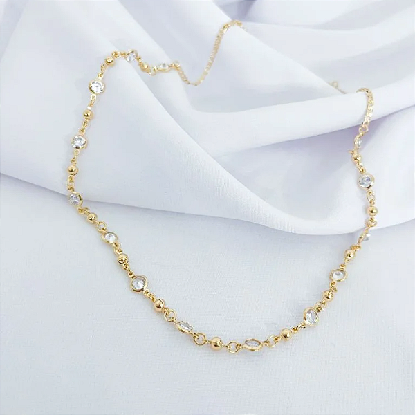 COLAR GROUMET COM BOLINHAS E ZIRCONIAS EM OURO 18K
