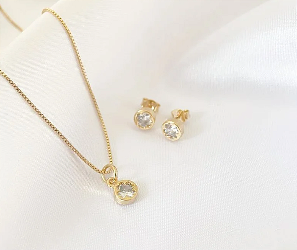 CONJUNTO REDONDO EM ZIRCÔNIA EM OURO 18K