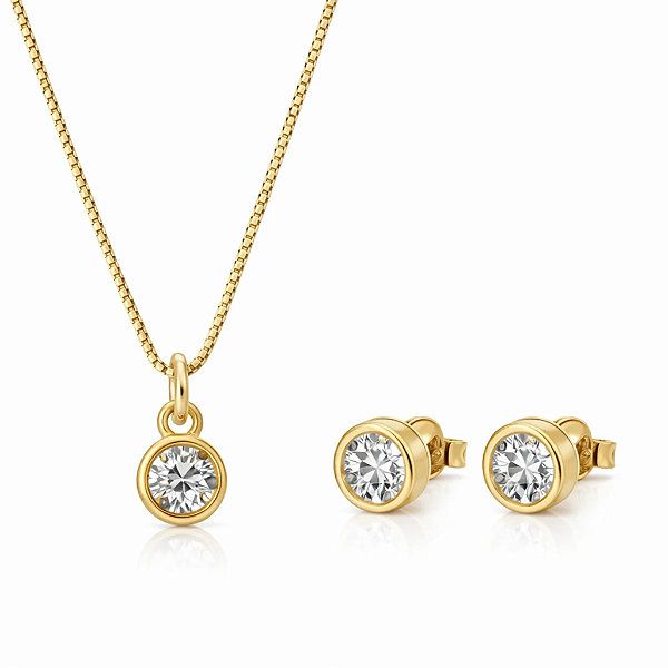 CONJUNTO REDONDO EM ZIRCÔNIA EM OURO 18K