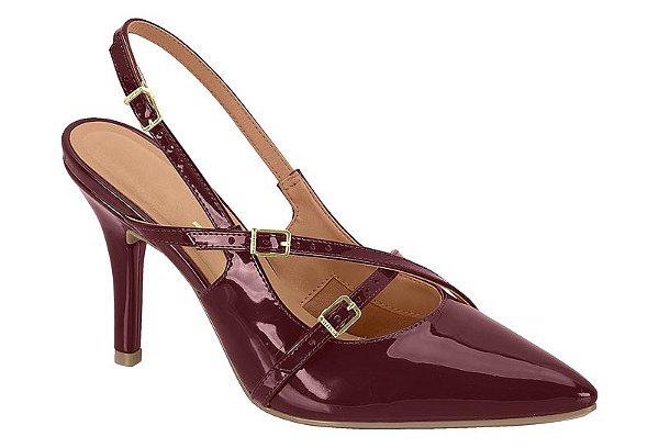 Scarpin Vizzano Verniz Salto Fino Tiras Com Fivelas Vinho