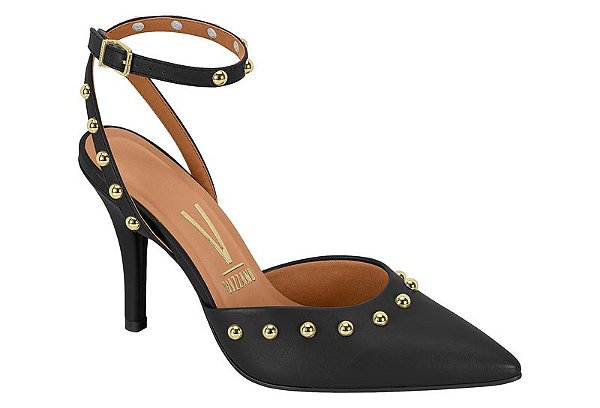 Scarpin Vizzano Salto Alto Com Tacha Tira Com Fivela Preto